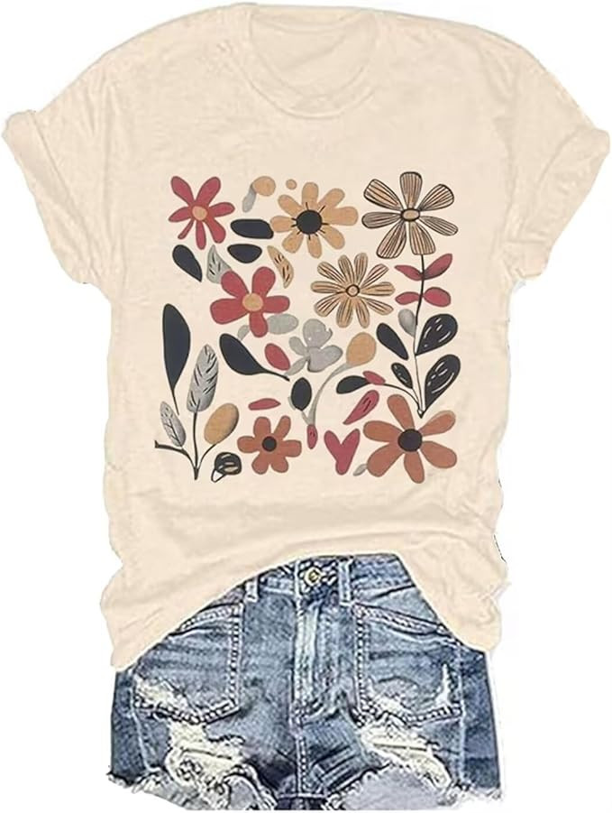 Vintage Floral T Shirt Women Boho Flowers Graphic Tees Shirts Cute Wildflowers Shirt Summer Casua... | Amazon (US)