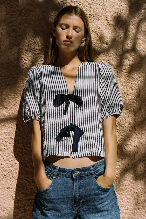 LINEN TIE BLOUSE | Zara US