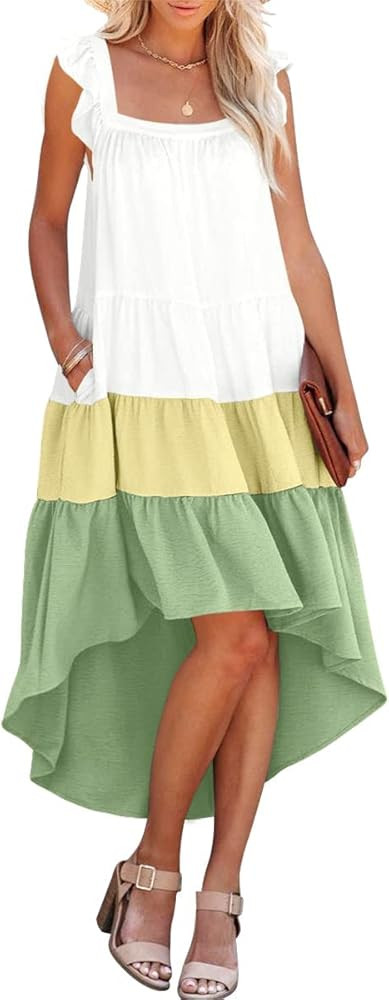 Prinbara 2022 Women's Summer Midi Dress Sleeveless Ruffle Sleeve Colorblock Solid Loose Fit Flowy Pl | Amazon (US)