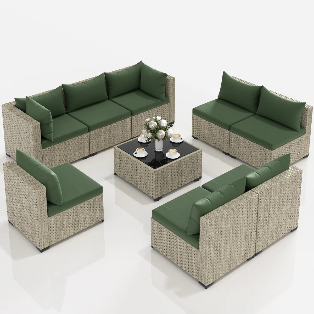 9 Pieces Rattan Patio Conversation Sets With Cushions | Wayfair North America