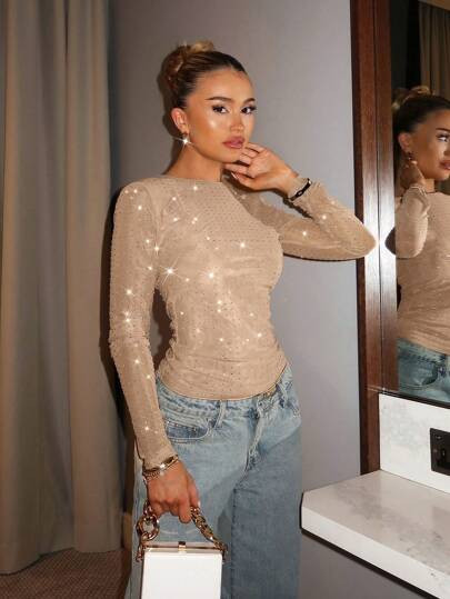 SHEIN BAE Women's Christmas Outfits Rhinestone Decor Round Neck Long Sleeve Fitted Fashion Christ... | SHEIN