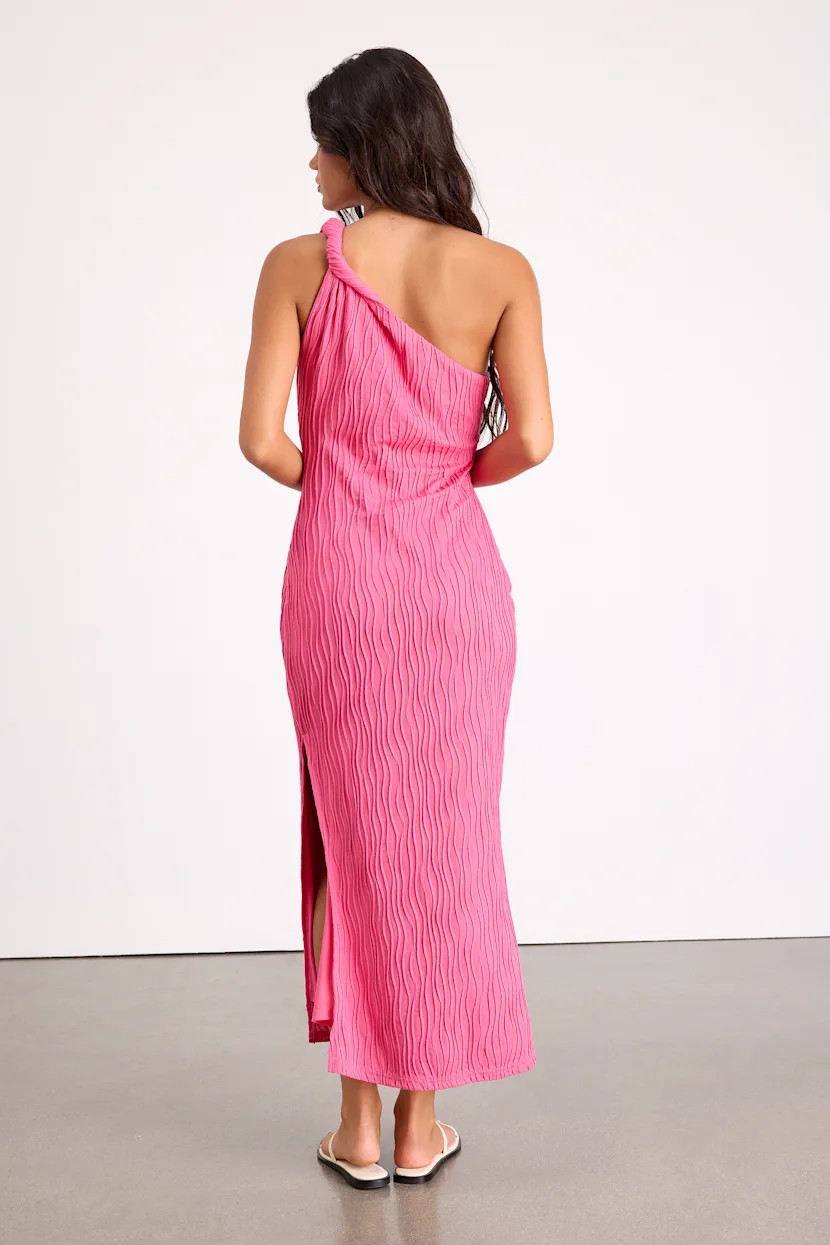 Aristea Fuchsia Textured One-Shoulder Midi Dress | Lulus
