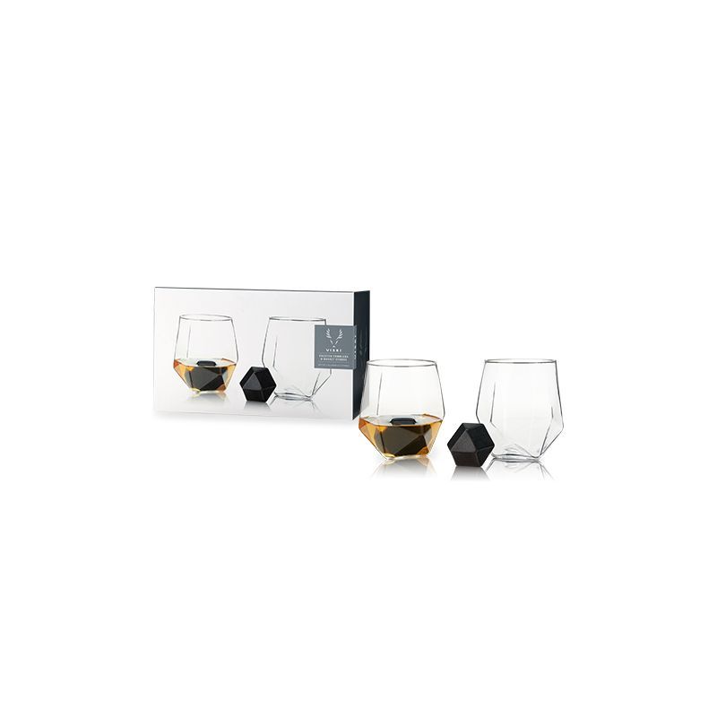 Viski 4-Piece Faceted Tumbler & Hexagonal Basalt Stone Set, Set of 2 Crystal Glasses With Set of ... | Target