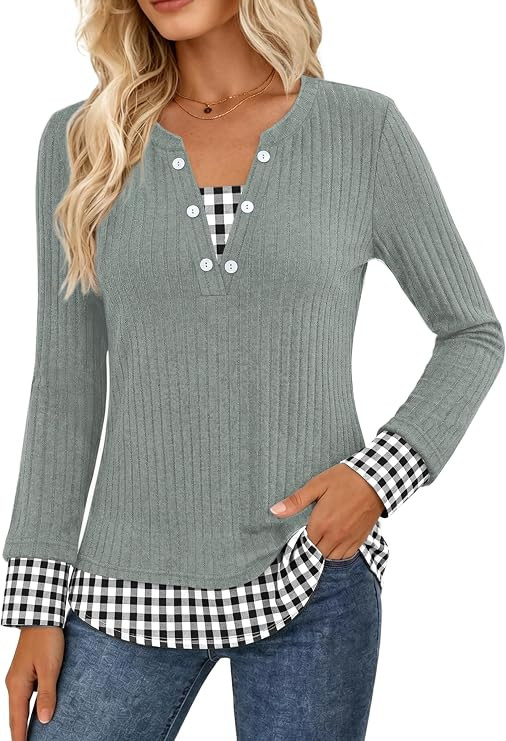 Soesdemo Womens Long Sleeve V Neck Fall Tops Sweater Teacher Outfits 2026 | 2-In-1 Layered Look, ... | Amazon (US)