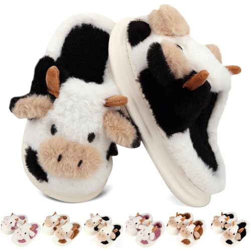 zasqiz Kids Cow Slippers Toddler Slippers for Boys Girls Cute Animal Winter Warm Plush Indoor Outdoor Non-Slip Fuzzy Shoes with Memory Foam Insole, Black 2-2.5 Little Kid | Amazon (US)