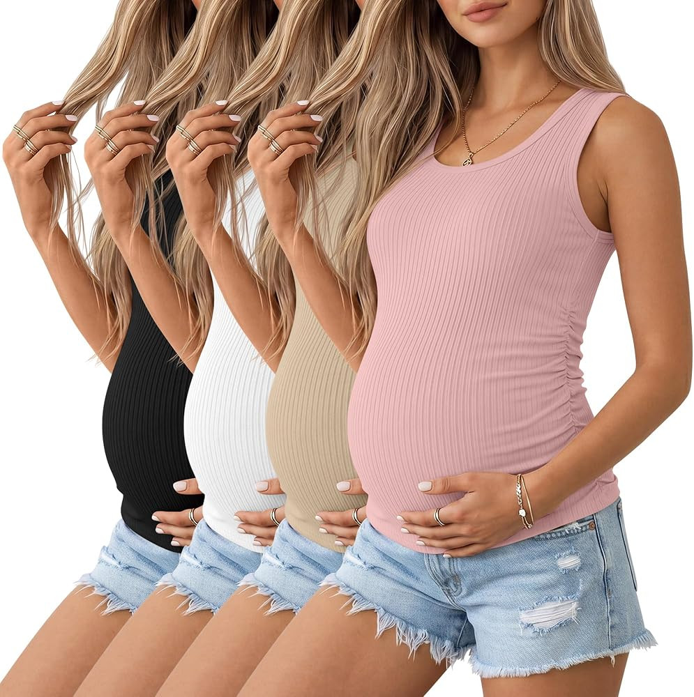 Ficerd 4 Pack Women's Maternity Tank Tops, Side Ruch Sleeveless Cotton Pregnancy Shirts Casual Ri... | Amazon (US)