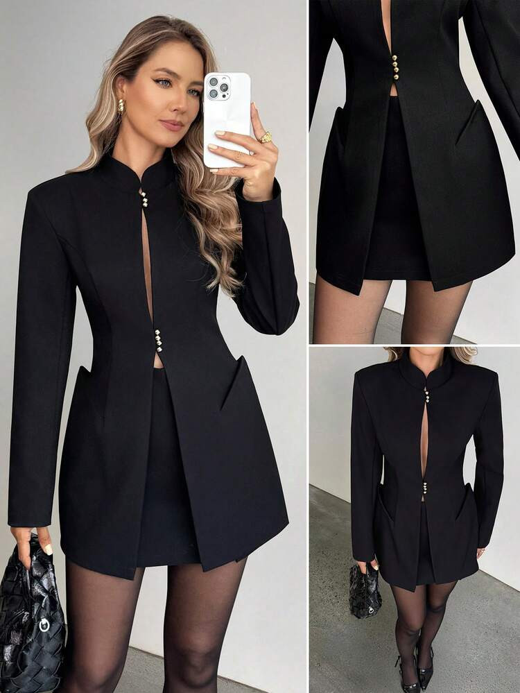 Doriss Court Style Stand-Up Collar Cutout Gold Buckle Waist-Cinched Blazer, Kendall Style, Solid Color, Fall, Back To School, Going Out Tops Women, White Party Event, Old Money Style, Court Style, New Year Black Spring | SHEIN