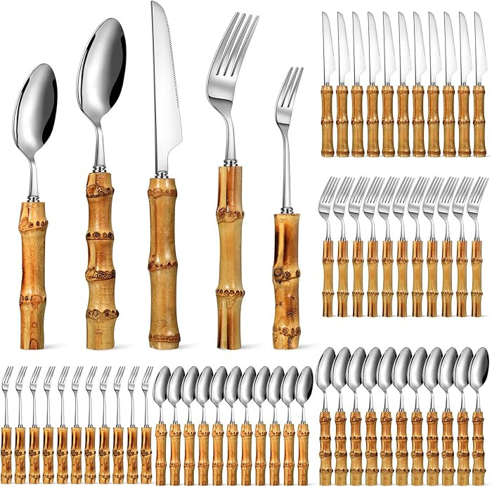 Eboot Bamboo Silverware Set 18/8 Stainless Steel Tableware Set Natural Utensil Flatware Kit Spoon... | Amazon (US)