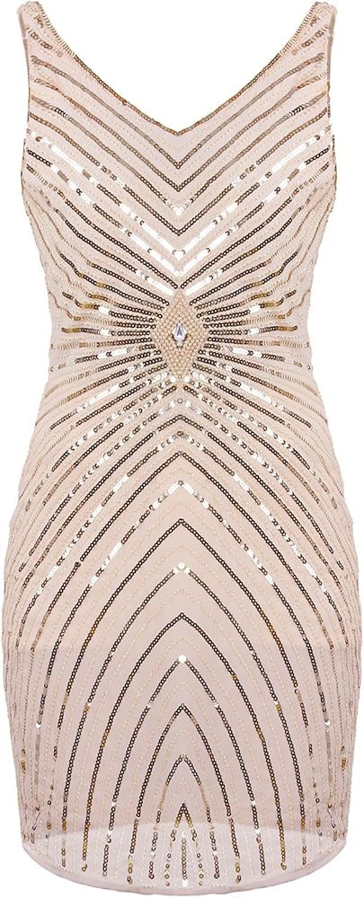 VIJIV Women's 1920s V-Neck Art Deco Sequin Beaded Tank Cocktail Flapper Dress | Amazon (US)