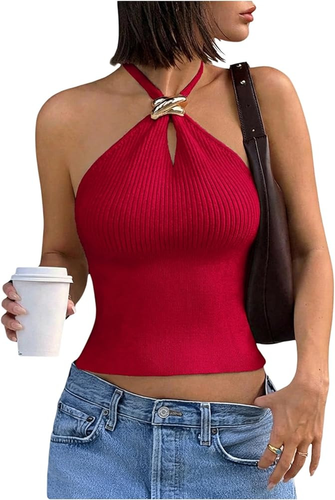 Verdusa Women's Sexy Ribbed Halter Tops Sleeveless Cropped Going Out Tops for Date Night | Amazon (US)