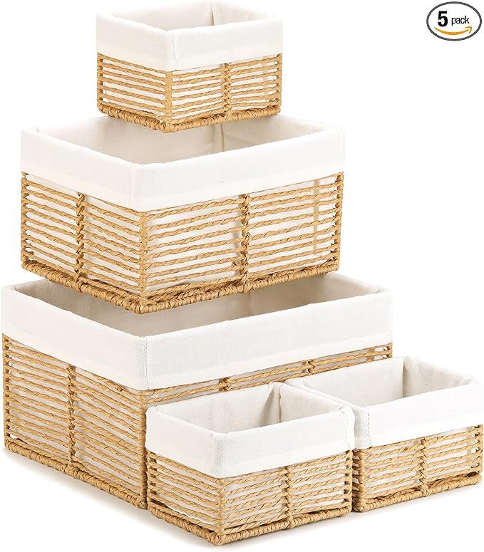 Vagusicc Wicker Storage Basket, Hand-Woven Paper Rope Wicker Baskets, Rectangular Small Wicker Ba... | Amazon (US)