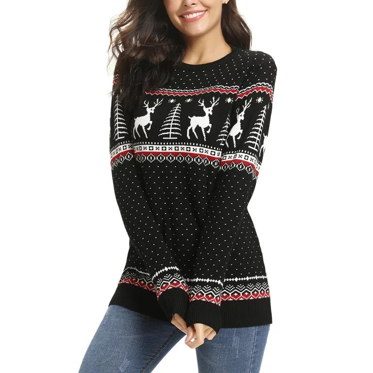 Chama Christmas Jumper for Women Crew Neck Reindeers Snowflake Sweaters | Walmart (US)