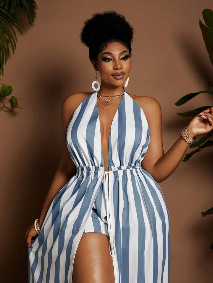Maweii 2pcs/Set Plus Size Women Striped Backless Tank Top And Shorts Set, Vacation Outfit | SHEIN