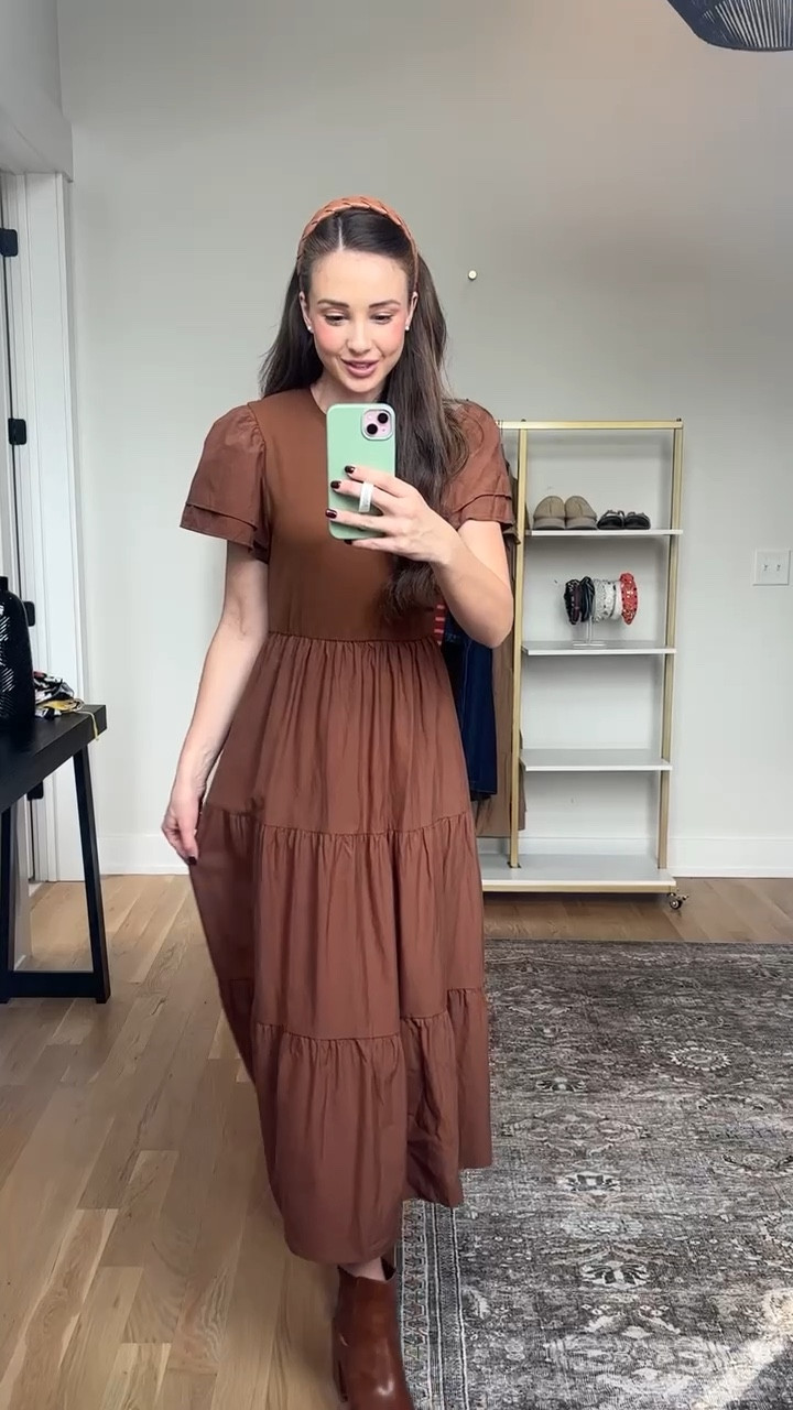 Crewneck flutter sleeve dress 🤎

Slowly aline, tiered maxi, elastic waist, pockets 

#LTKVideo