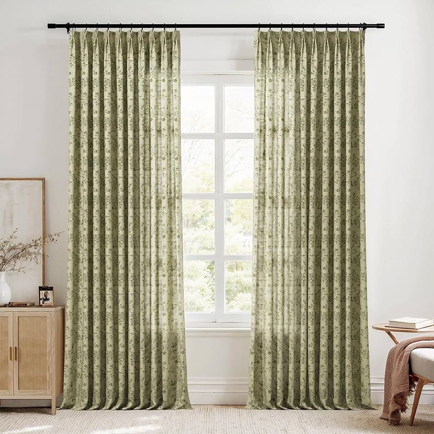 TWOPAGES Pinch Pleated Floral Curtain 96 Inch Long Light Filtering Privacy Drape Linen Textured P... | Amazon (US)