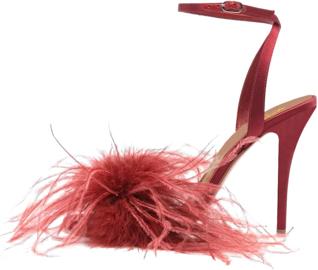 XYD Women Open Toe Feather Sandals Buckled Ankle Strap Stiletto High Heel Pumps Evening Night Din... | Amazon (US)