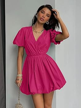 PRETTYGARDEN Women's Short Summer Dresses Casual Puffy Sleeve Wrap V Neck Ruffle Solid Color Flar... | Amazon (US)