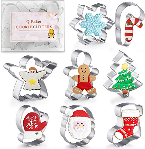 Christmas Cookie Cutters, 8Pcs Winter Holiday Cookie Cutter Set, Stainless Steel Metal Cutter with Gingerbread Men,Christmas Tree,Snowflake, Candy Cane, Angel, Santa Face,Stocking,Mitten | Amazon (US)