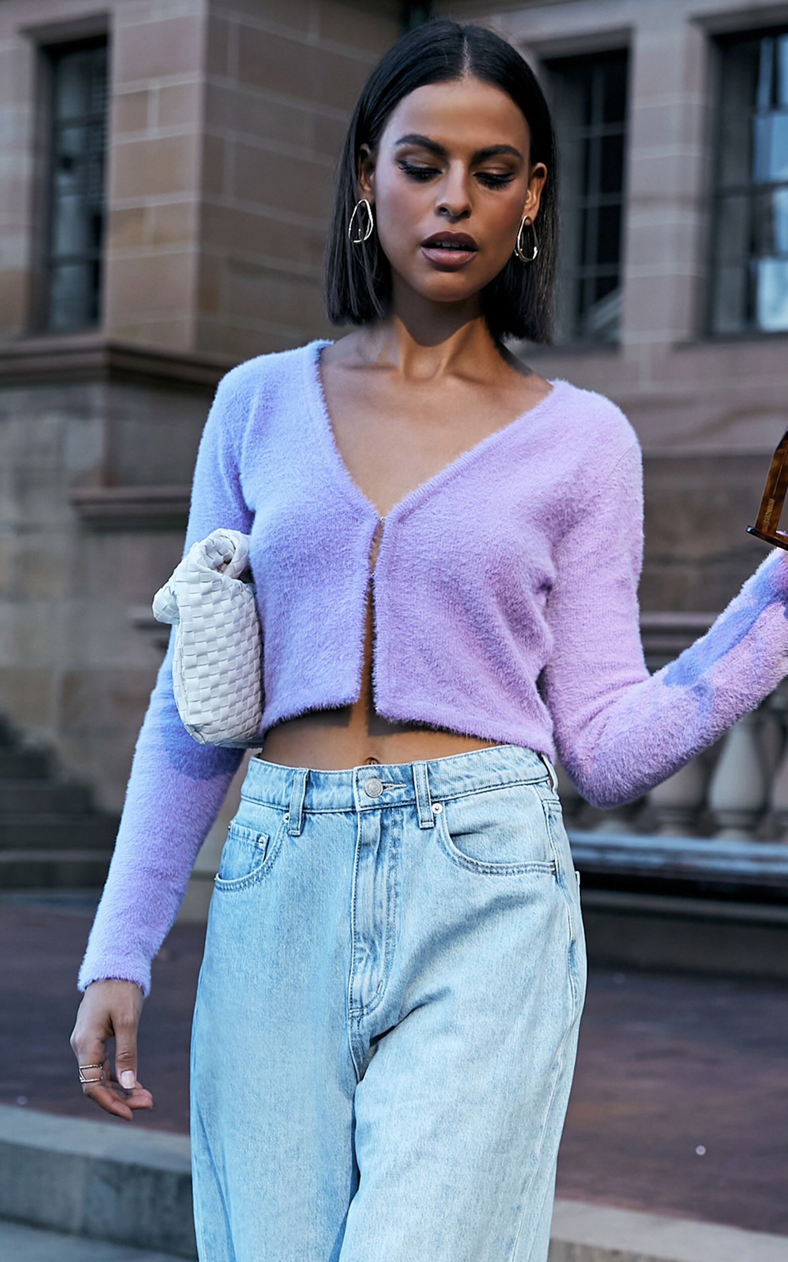 Glydel Fluffy Knit V Neck Crop Top in Lilac | Showpo (US, UK & Europe)