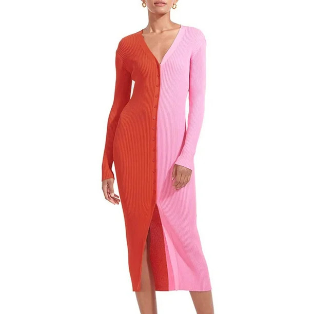 Twowood Women Bodycon Dress Color Block Patchwork Autumn Single Breasted V Neck Midi Dress for We... | Walmart (US)