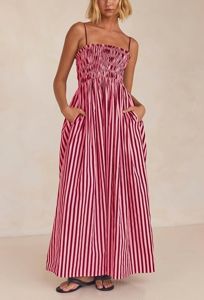 KMBANGI Women Striped Sleeveless Maxi Dress Swing Aline Midi Dress Backless Smocked Spaghetti Str... | Amazon (US)