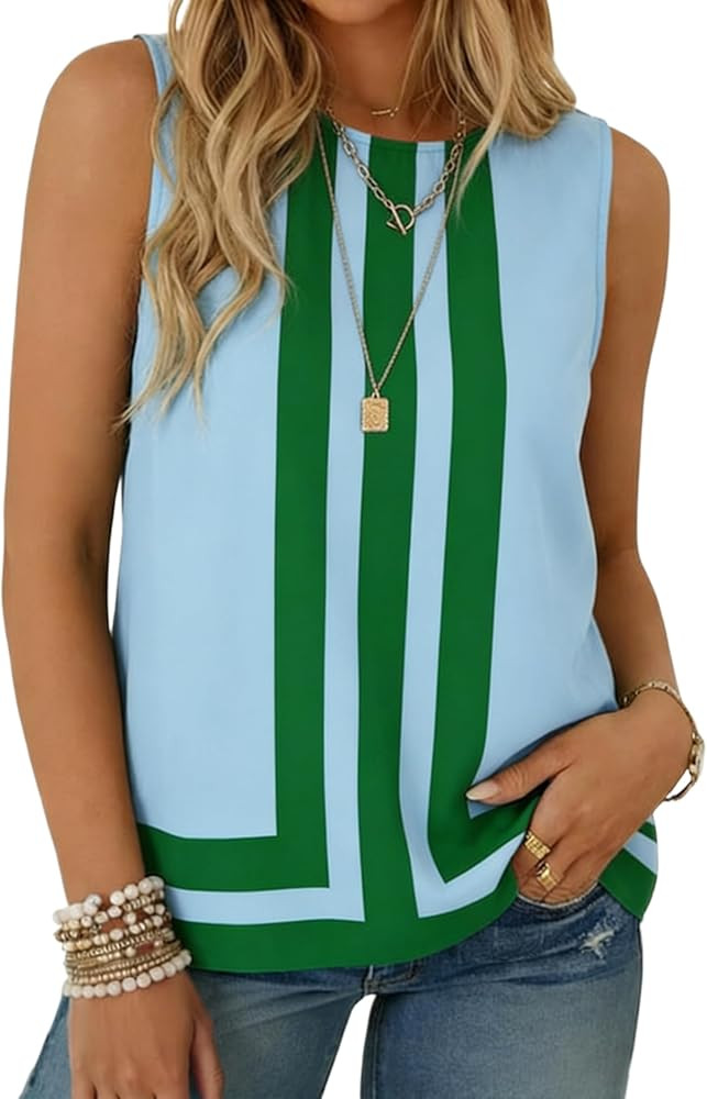 Watashi Women's Sleeveless Color Block Blouse Geometric Striped Crewneck Work Tank Top for Summer... | Amazon (US)