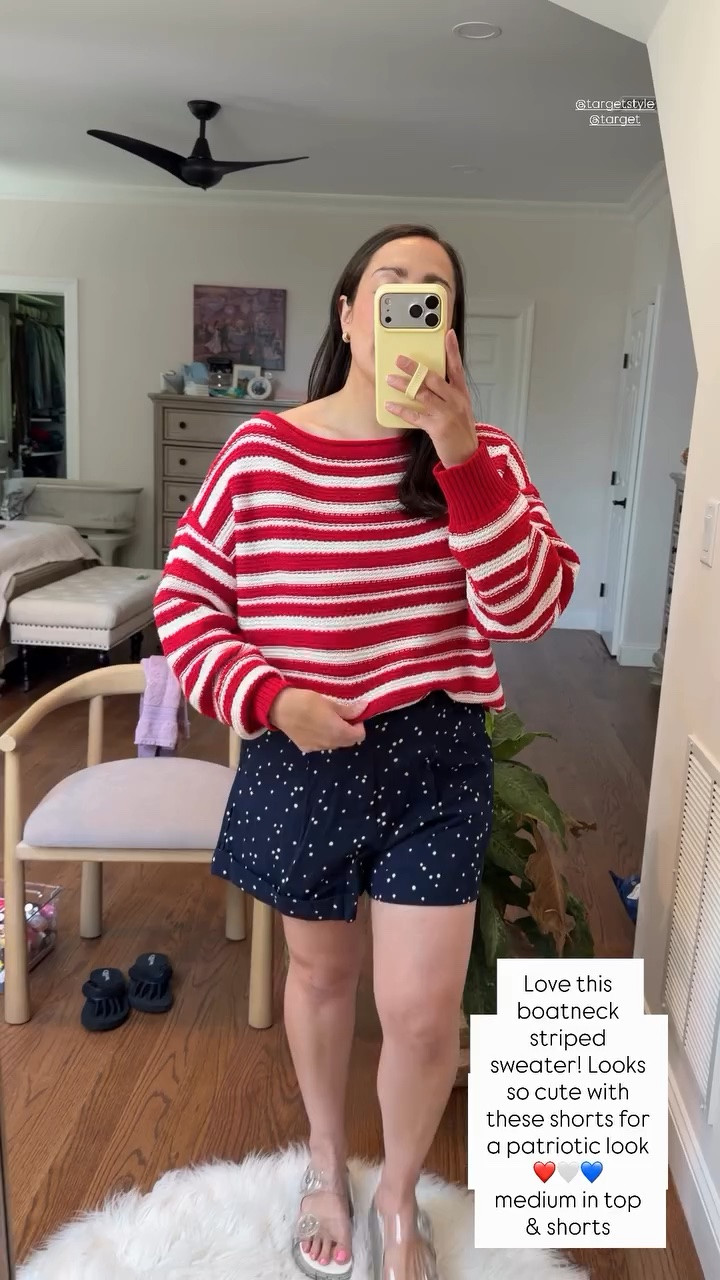 Love this boatneck striped sweater! Looks so cute with these shorts for a patriotic look ❤️🤍💙 
medium in top & shorts @targetstyle @target