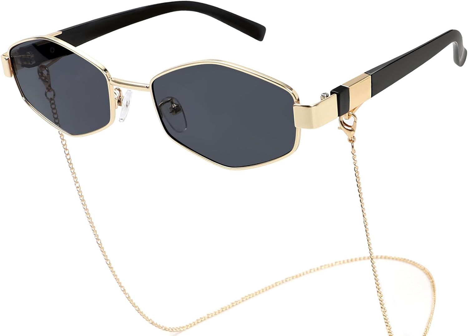 Hexagon Sunglasses Womens Trendy 2024, Retro Designer Metal Classic Shades Sun Glasses with Chain | Amazon (US)