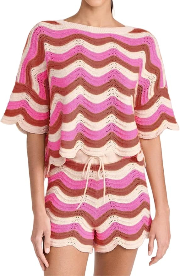2 Piece Sets for Women Short Sleeve Striepd Crochet Cover Up Tied Shorts Beach Clothes | Amazon (US)