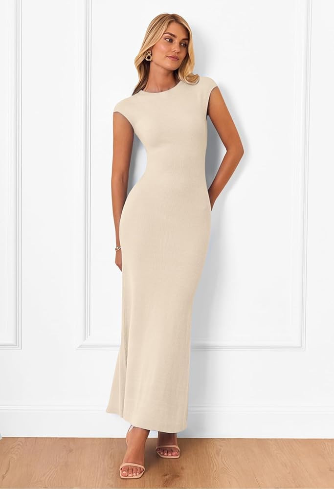 MEROKEETY Women's Cap Sleeve Rib Knit Maxi Dress Crew Neck Slim Fit Bodycon Summer Sweater Dresse... | Amazon (US)