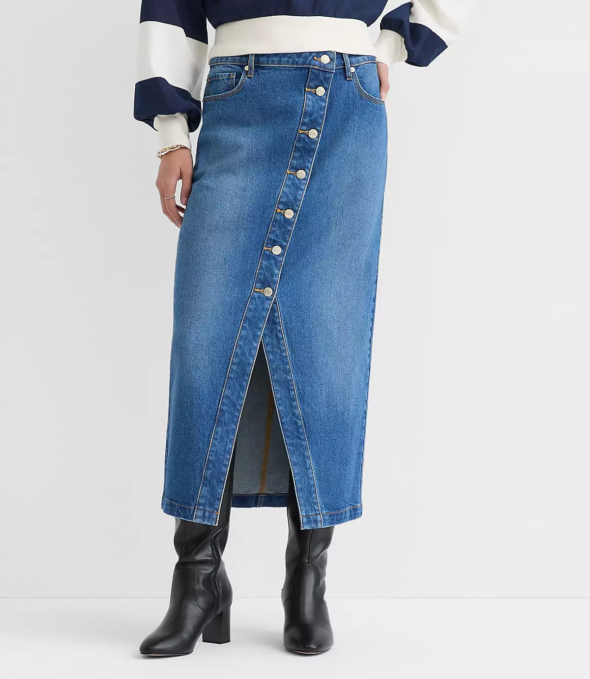 Cutaway Denim Midi Skirt in Modern Indigo Wash | LOFT