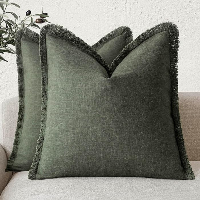 Foindtower Set of 2 Fringe Throw Pillow Covers, 24×24 Inch, Dark Olive Green | Amazon (US)