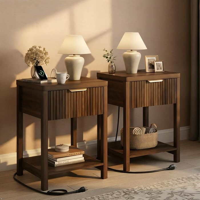 Lulive Night Stand Set 2, Fluted Nightstand with Charging Station, Wood Modern Bedside End Table ... | Amazon (CA)