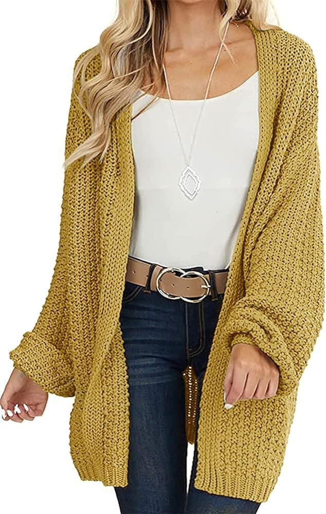 MEROKEETY Women's 2023 Fall Open Front Chunky Knit Sweater Oversized Lantern Sleeve Cardigan Outwear | Amazon (US)