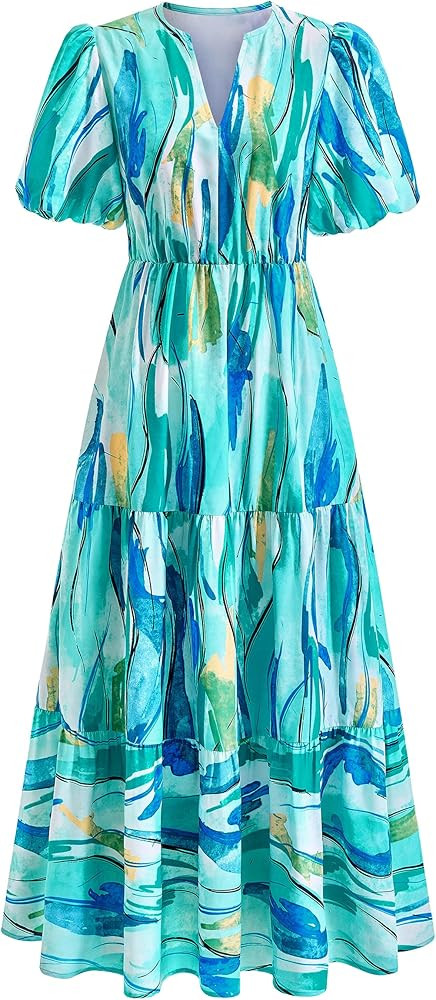 dowerme Womens Summer Dresses 2026 Casual Puff Short Sleeve V Neck Floral Boho Tiered Ruffle Maxi... | Amazon (US)