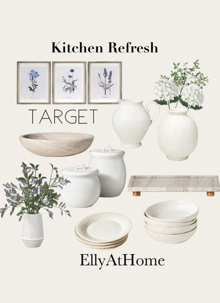 Winter into spring kitchen refresh from Target. Artwork, kitchen canisters, plates, bowls, pitcher, marble bowl, stand, faux florals, vase. Home decor accessories. Free shipping. 

#LTKhome #LTKfindsunder50