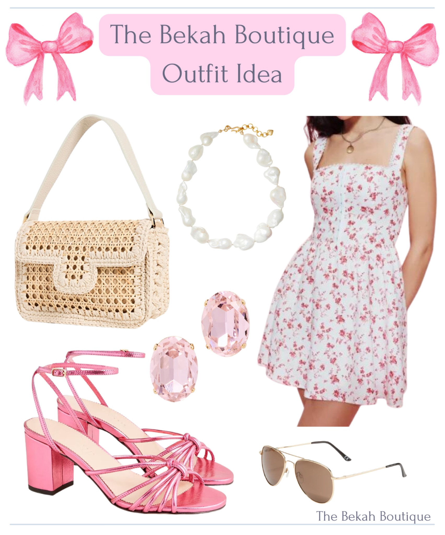 Spring outfit, summer outfit, pink outfit, floral dress, reformation, raffia bag, woven bag, pearl necklace, brinker & Eliza, pink heeled sandals, j. Crew, aviator sunglasses, old navy, pink stud earrings, Jennifer behr 

#LTKFind #LTKSeasonal #LTKstyletip