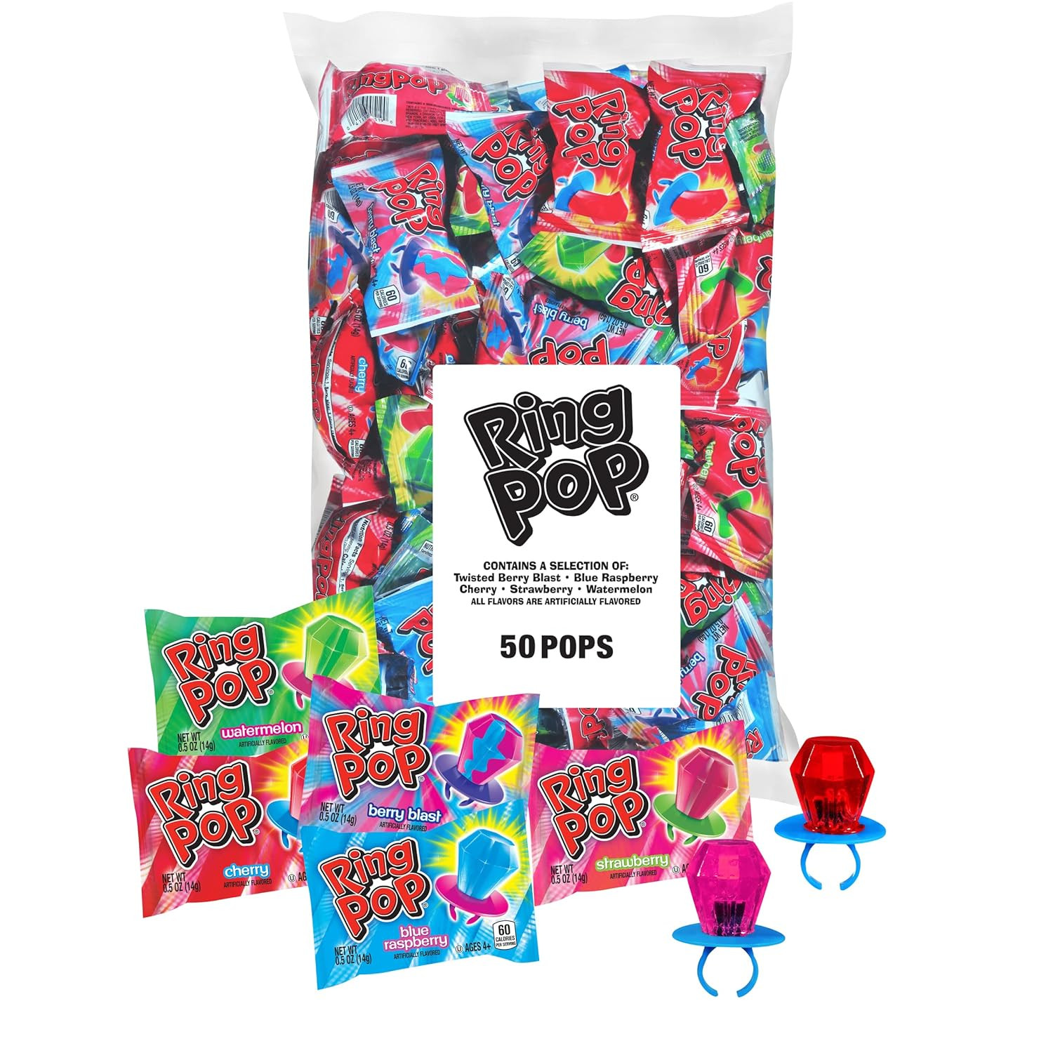 Ring Pop Candy, Valentine's Lollipops, 50 Ct Party Favors in Assorted Fruity Flavors - Full Size,... | Amazon (US)