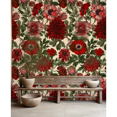 Bold Red Floral Wallpaper Bryelle Peel & Stick Botanical Roll | Wayfair North America