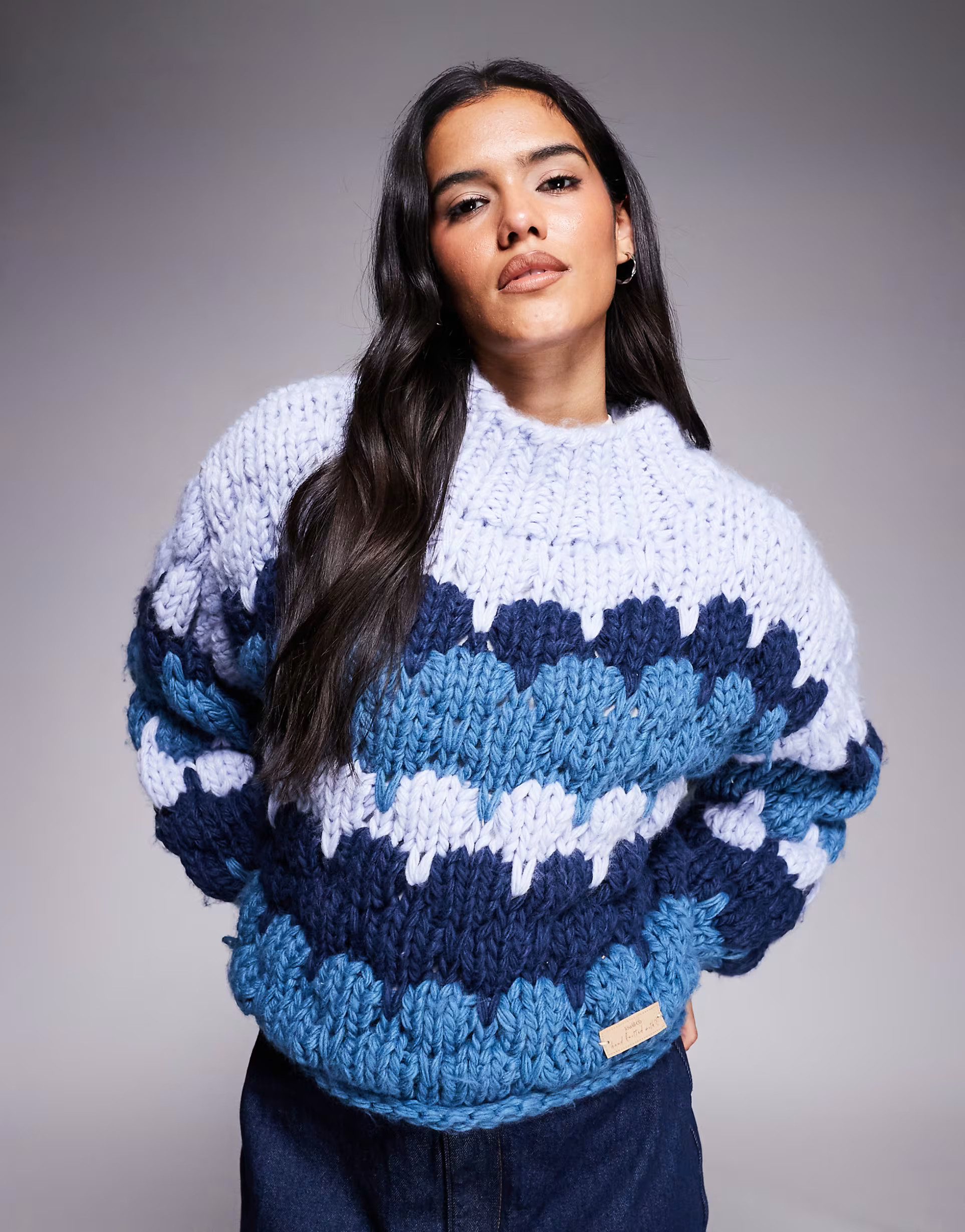Kiwi & Co Sweetheart hand knitted chunky bubble knit balloon sleeve jumper in blue stripe | ASOS (Global)