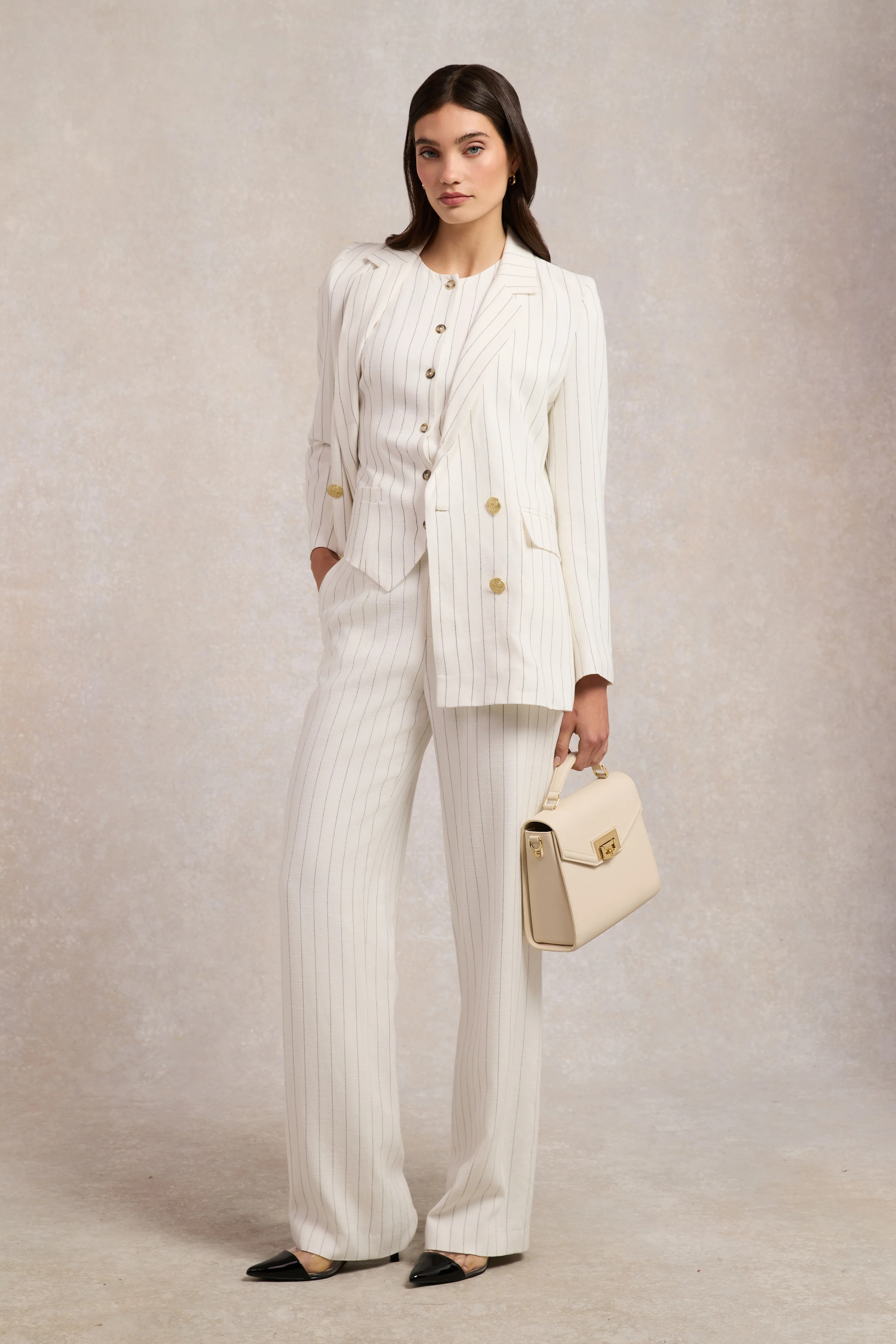 Double Breasted Blazer (Oyster Linen Pinstripe) | Holland Cooper