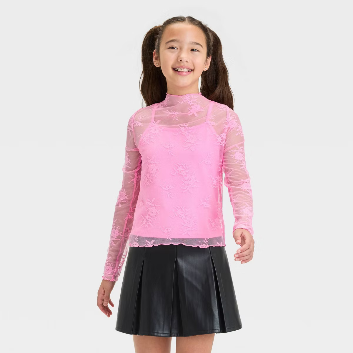 Girls' Long Sleeve Lack Mockneck Shirt - art class™ Pink M | Target