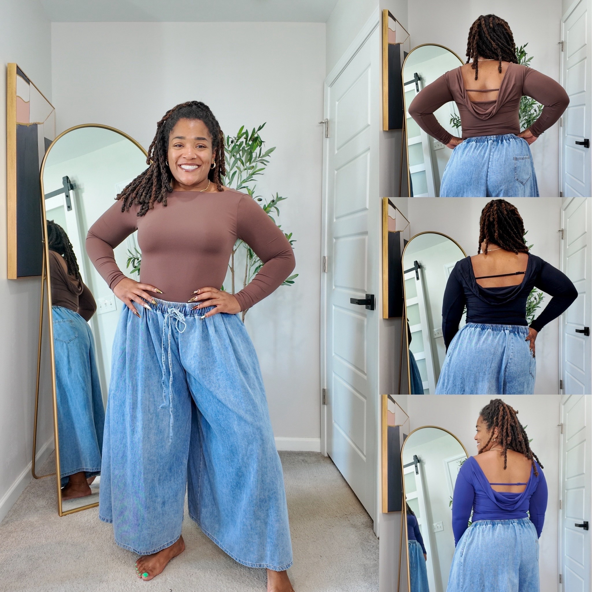 These open-back long sleeve tops  are such a fun twist on a classic! 🤎 The back steals the show with a deep cowl design and an adjustable tie! Love how they pair with these wide-leg jeans — comfy, flattering, and perfect for dressing up or down.

#LTKSaleAlert #LTKSeasonal #LTKMidsize