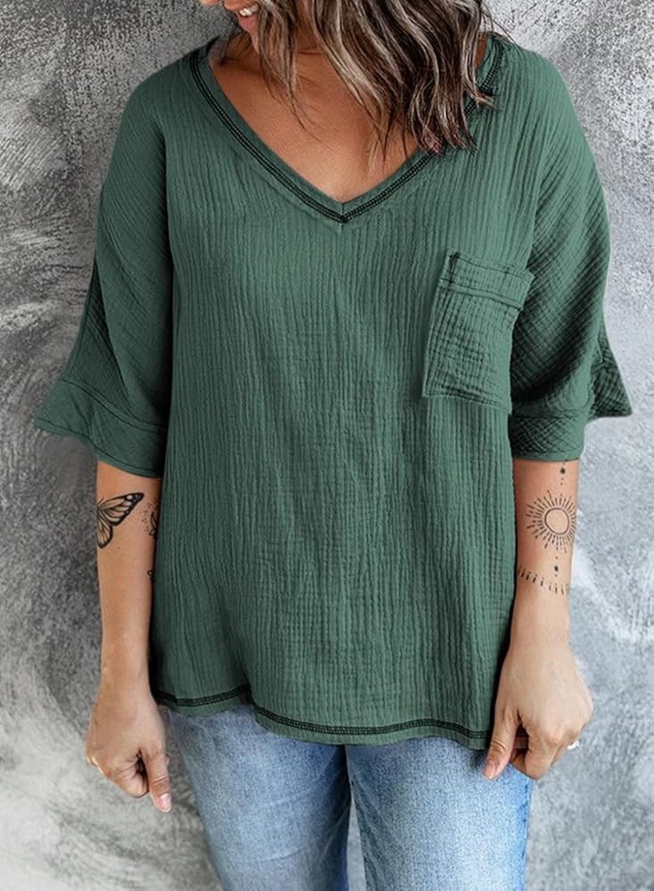 Dokotoo Womens 2023 Summer Spring 3/4 Sleeve V Neck Casual Loose Tunic Tops Blouses | Amazon (US)
