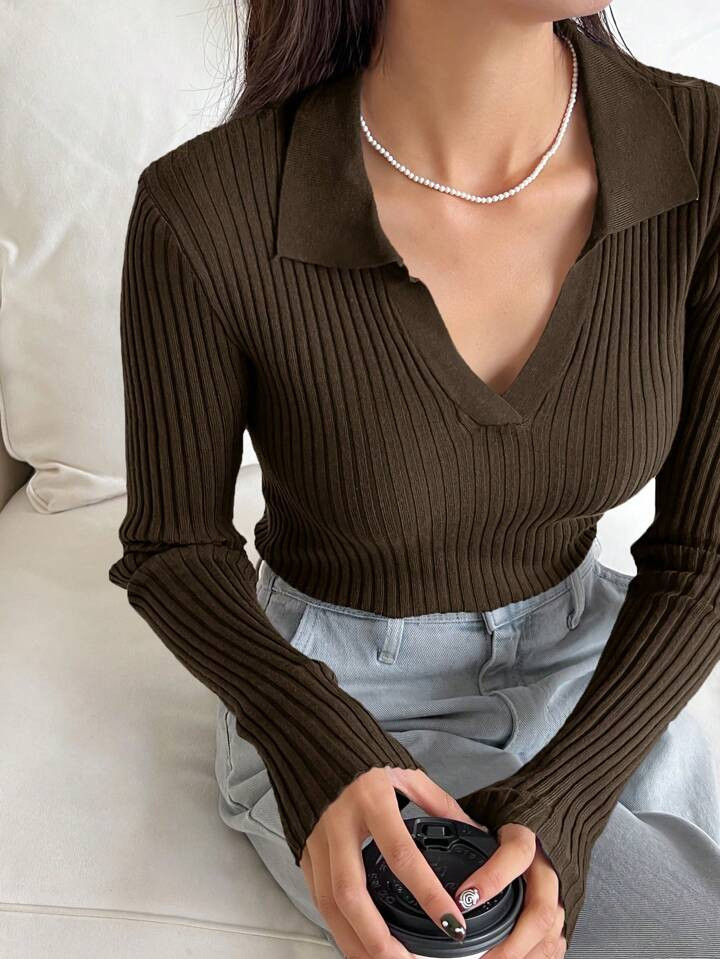 DAZY Women V-Neck Slim Fit Long Sleeve Sweater, Casual Business Wear, Autumn/Winter | SHEIN