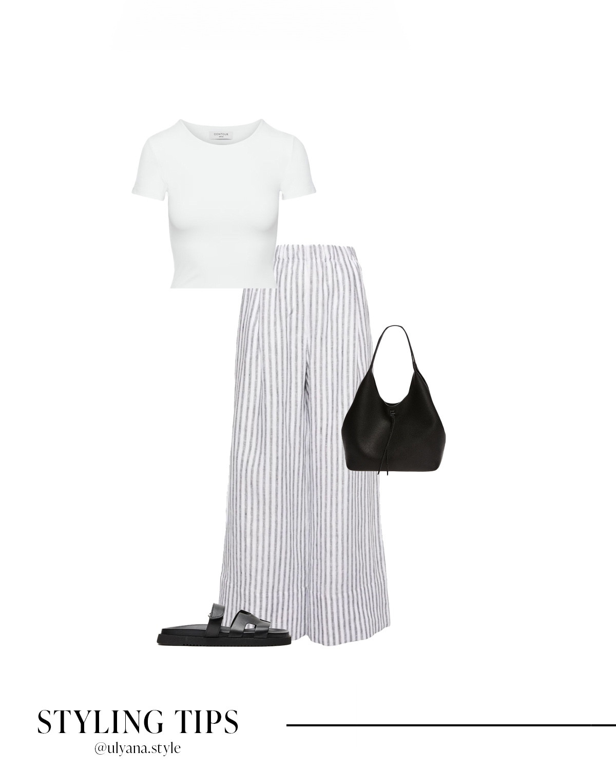 A white tee paired with linen pants,  black sandals and a black handbag makes a trendy summer outfit idea. 
.
.
.
.
.
.
.
#LTKSummerSales #LTKxNSale #LTKSeasonal #LTKU #LTKSaleAlert #LTKParties #LTKWorwear #LTKTravel #LTKShoeCrush #LTKItBag 

Casual summer outfit | summer shoes | summer outfits | summer tops | summer sandals | linen pants outfit | linen pull on pants | striped linen pants | sandals 2024 | comfy sandals | tote bag | summer bag | outfit inspo | 

#LTKFindsUnder100 #LTKFindsUnder50 #LTKStyleTip