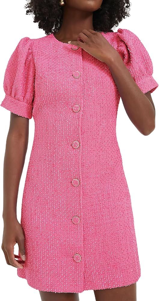 Womens Tweed Jackie Dress Elegant Crew Neck Puff Short Sleeve Button Down Mini Dress | Amazon (US)