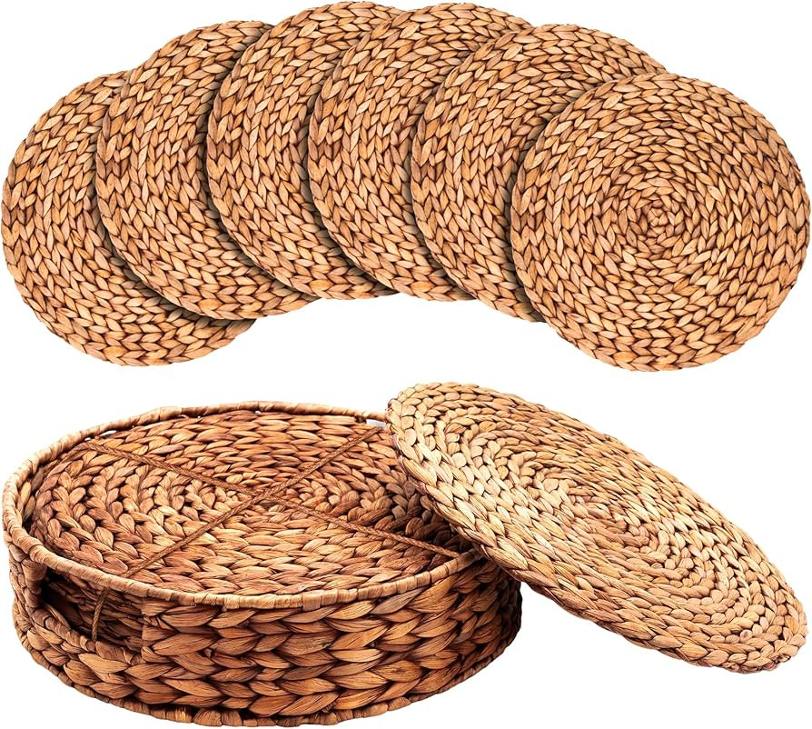 Woven Placemats Set of 6 - Natural Water Hyacinth Placemats with Wicker Placemats Holder - Heat R... | Amazon (US)