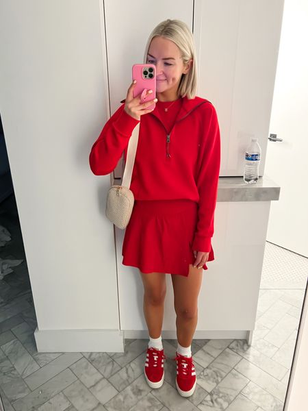 10% off with KELSIEXSPANX
red travel outfit / red spanx set / red pullover / red adidas gazelle bold 
Tank: SM, Pullover: XS, Skort: XS 

#LTKtravel #LTKstyletip