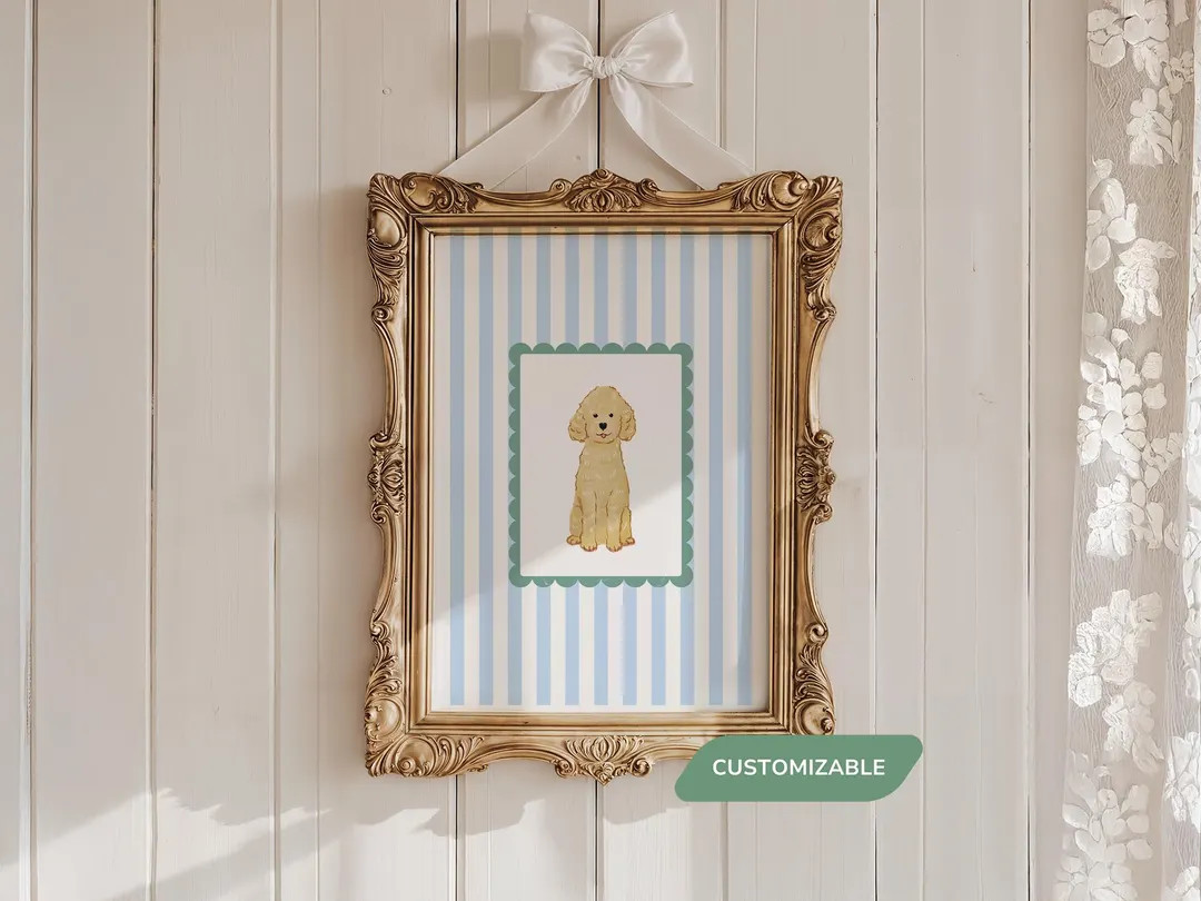 Golden Doodle Dog Print Gifts, Custom Pet Portrait, Blue & Green Striped Goldendoodle Nursery Wal... | Etsy (US)